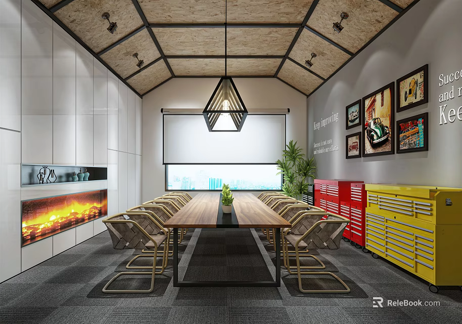 Modern Conference Room Interior With Long Table Leather Chairs Pendant Light And Decorative Artworks 3d model 