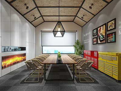 Modern Conference Room Interior With Long Table Leather Chairs Pendant Light And Decorative Artworks 3d model