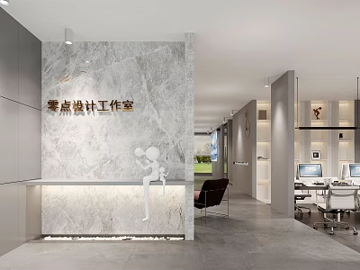 Modern Public Office Space Interior With Open Layout And Marble Wall Design 3d model