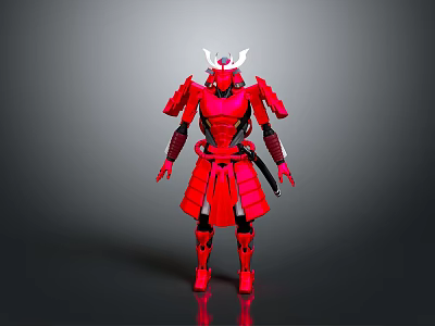 Red Samurai Warrior In Armor With White Horns And Black Details Standing 3d model