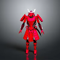 Red Samurai Warrior In Armor With White Horns And Black Details Standing