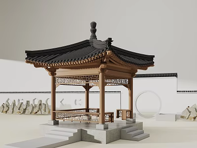 Traditional Chinese Pavilion With Black Tiled Roof And Wooden Structure On Stone Steps 3d model