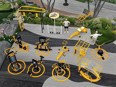 Various Yellow Outdoor Fitness Equipment For People Exercising In Public Area 3d model