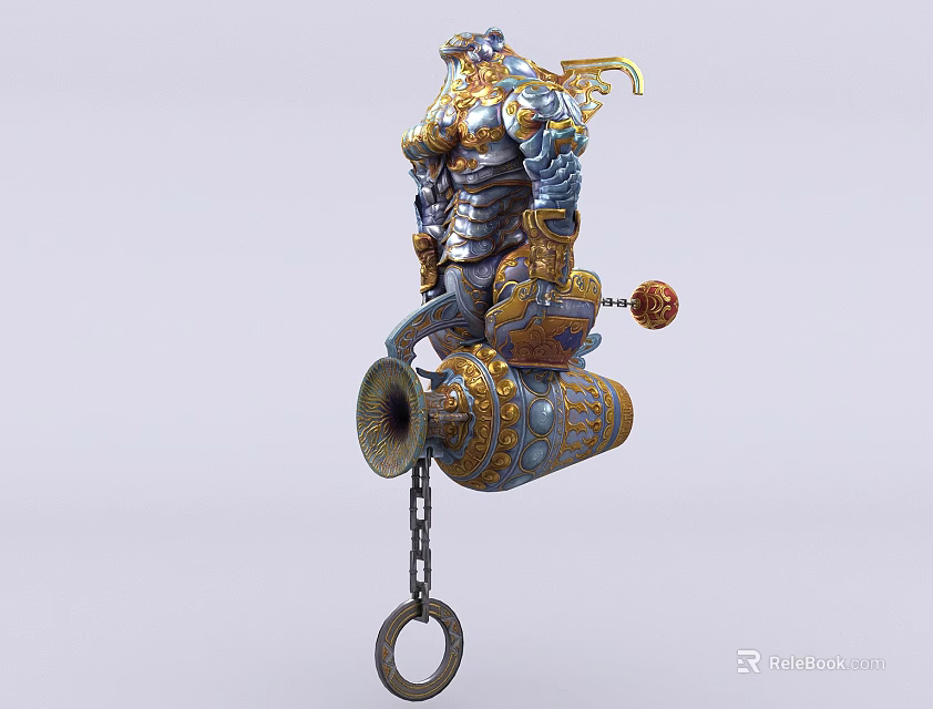 Detailed Game Movie Character With Ornate Blue Gold Armor And Chain Weapon 3d model 