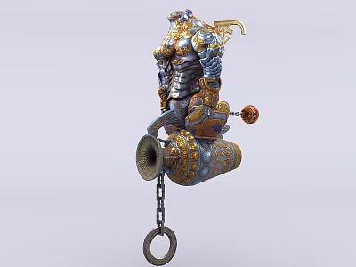 Detailed Game Movie Character With Ornate Blue Gold Armor And Chain Weapon 3d model