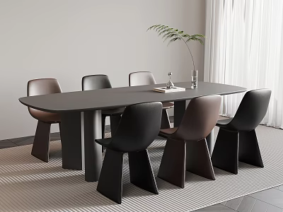 Modern Black Brown Dining Table Set With Chairs Green Plant And Book 3d model