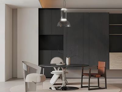 Modern Restaurant Interior With Round Table Pendant Light And Wooden Cabinets 3d model