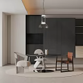 Modern Restaurant Interior With Round Table Pendant Light And Wooden Cabinets