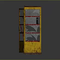 Vintage Yellow and Red Telephone Booth With Glass Windows and Aged Metal Frame