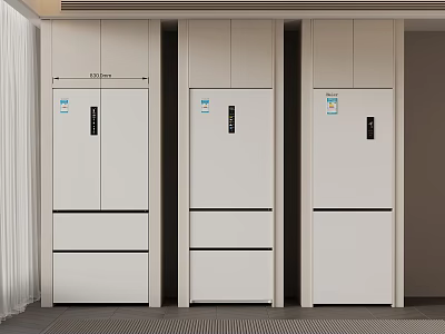 Three White Modern Double Door Refrigerators in Side by Side Arrangement with Sleek Design 3d model