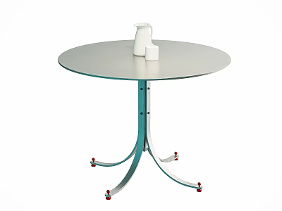 Modern Round Dining Table With Metal Legs And Red Wheels Featuring White Kettle And Cup 3d model