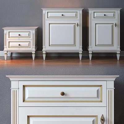 White Wooden Bedside Table With Drawers Cabinet Doors And Elegant Legs 3d model