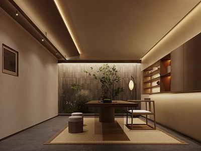 Natural Japanese Tea Room Interior With Wooden Table Stone Wall And Green Plant 3d model