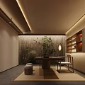 Natural Japanese Tea Room Interior With Wooden Table Stone Wall And Green Plant