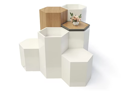Hexagonal Display Shelves in White Wooden Design with Black Top Vase and Pink Flowers 3d model
