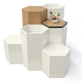 Hexagonal Display Shelves in White Wooden Design with Black Top Vase and Pink Flowers