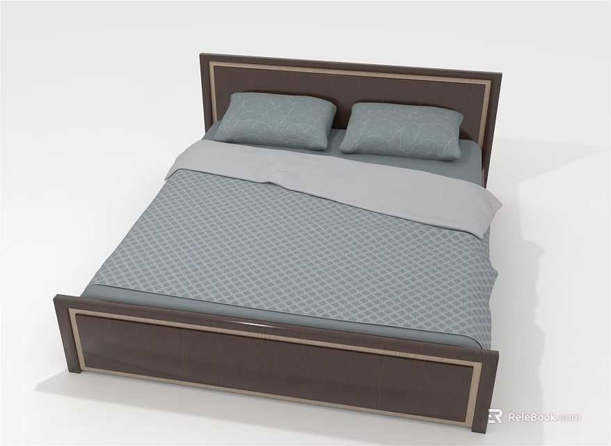 Double Bed With Dark Wooden Frame Light Trim Two Gray Pillows Gray Checkered Quilt 3d model 