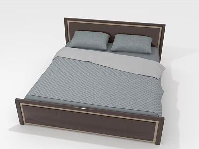 Double Bed With Dark Wooden Frame Light Trim Two Gray Pillows Gray Checkered Quilt 3d model
