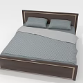 Double Bed With Dark Wooden Frame Light Trim Two Gray Pillows Gray Checkered Quilt