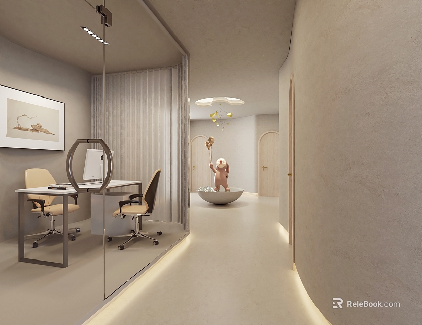 Minimalist Modern Office Interior With Glass Partition Wooden Desk Ergonomic Chair And Art Decor 3d model 