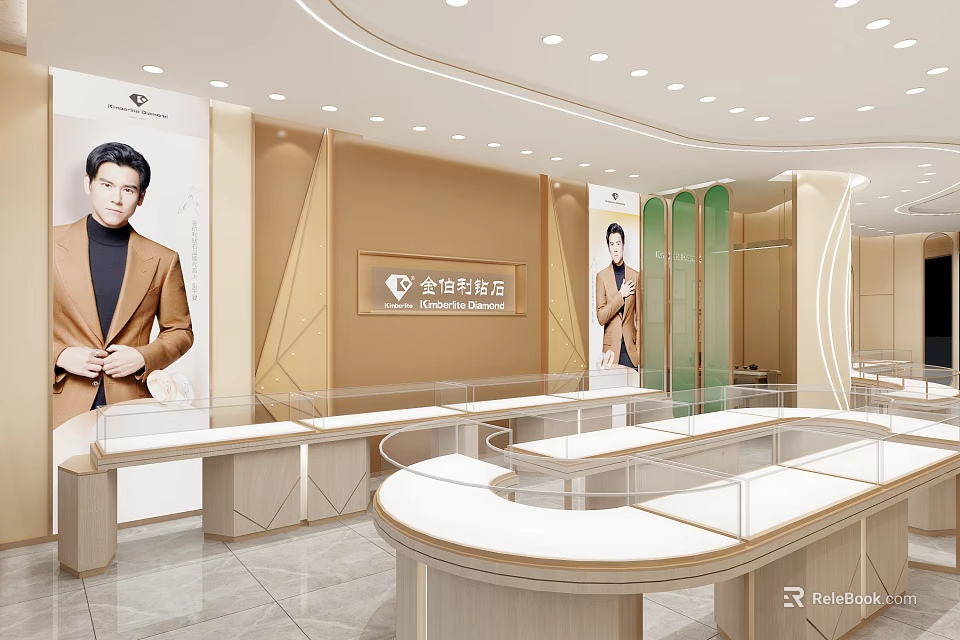 Elegant Jewelry Store Interior Design With Glass Display Counters Soft Lighting And Brand Logo 3d model 