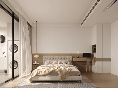 Modern Bedroom Interior Design With Upholstered Headboard Blanket Pendant Light And Curtains 3d model