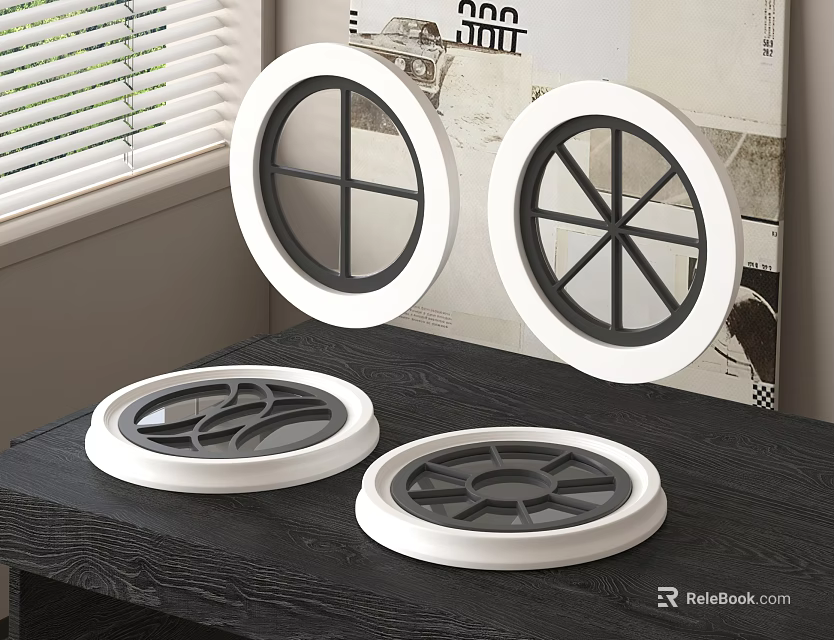 Round Decorative Wall Art With White Frames And Black Grid Patterns On Dark Table 3d model