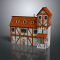 Cartoon Scene of Medieval Style House With Red Roof Wooden Frame And Small Tower