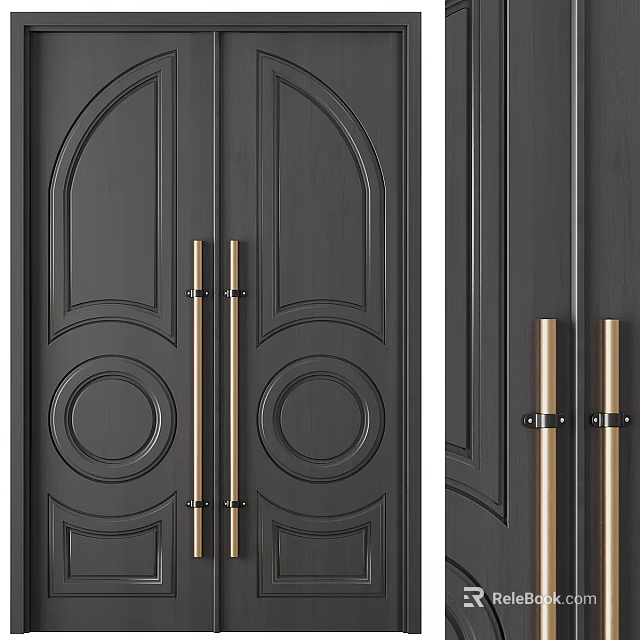 Elegant Dark Double Doors with Decorative Patterns and Golden Handles 3d model 
