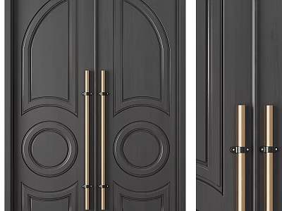 Elegant Dark Double Doors with Decorative Patterns and Golden Handles 3d model
