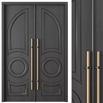 Elegant Dark Double Doors with Decorative Patterns and Golden Handles 3d model