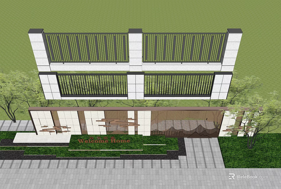 Modern Feature Wall Design With White Panels Dark Railings Green Plants And Welcome Home Sign 3d model 