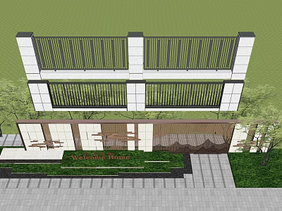 Modern Feature Wall Design With White Panels Dark Railings Green Plants And Welcome Home Sign 3d model