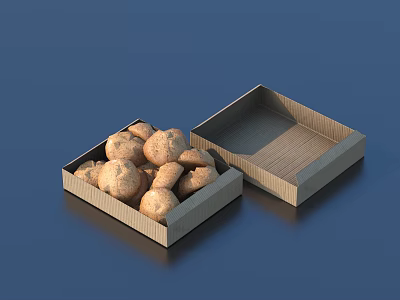 Open Wooden Box Filled With Fresh Round Cookies On Blue Surface 3d model