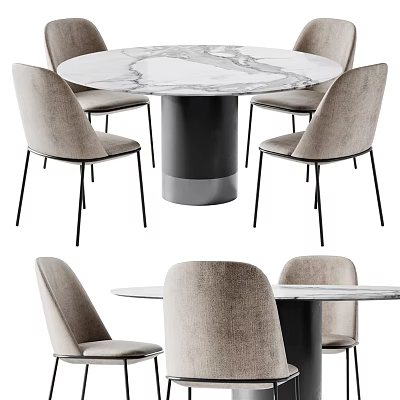 Modern Dining Table Set with Marble Top Beige Fabric Chairs and Black Metal Legs 3d model