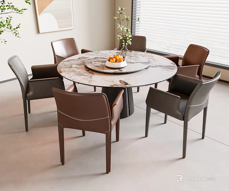 Modern Round Dining Table with Marble Top and Brown Chairs in Bright Room 3d model 