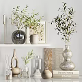 Decorative Ornament Set With Glass Ceramic Vases Green Plants And Shelf