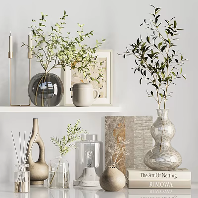 Decorative Ornament Set With Glass Ceramic Vases Green Plants And Shelf 3d model