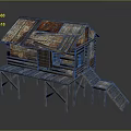 Rustic Wooden Cabin With Rusted Metal Roof On Wooden Stilts And Steps