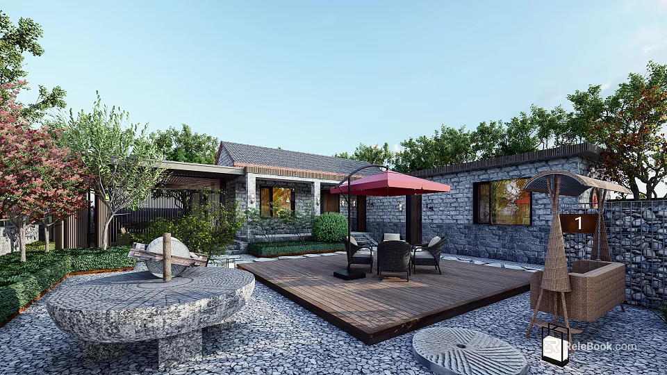 Traditional Garden Landscape With Wooden Deck Stone Flooring Outdoor Furniture Red Umbrella And Green Plants 3d model 