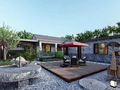 Traditional Garden Landscape With Wooden Deck Stone Flooring Outdoor Furniture Red Umbrella And Green Plants 3d model