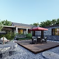 Traditional Garden Landscape With Wooden Deck Stone Flooring Outdoor Furniture Red Umbrella And Green Plants