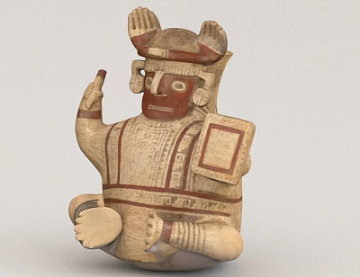 Traditional Ceramic Vessel with Seated Human Figure and Ornate Red Decorative Patterns 3d model