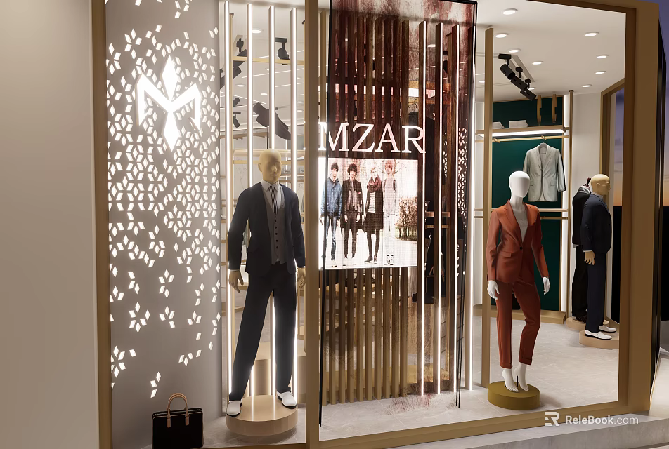MZAR Clothing Store Front Window Display Featuring Mannequins Dressed In Stylish Suits And Modern Lighting 3d model 