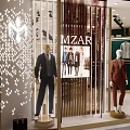 MZAR Clothing Store Front Window Display Featuring Mannequins Dressed In Stylish Suits And Modern Lighting