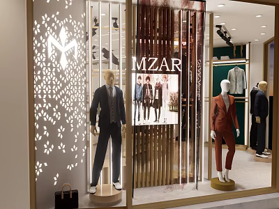 MZAR Clothing Store Front Window Display Featuring Mannequins Dressed In Stylish Suits And Modern Lighting 3d model