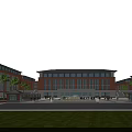 Multi Story Red Brick School Building With Front Plaza Green Lawn And Palm Trees