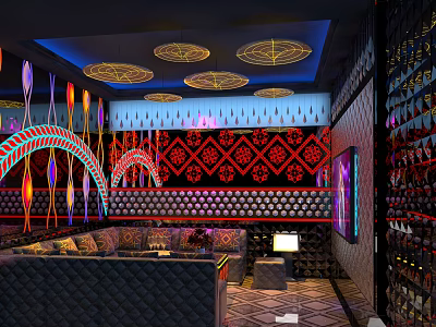 Modern KTV Lounge Interior With Colorful Lighting Red Patterned Wall Ceiling Lights And Sofa Seating 3d model