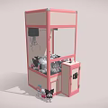 Pink Arcade Claw Machine Filled With Stuffed Toys And Small Plush Animals Nearby