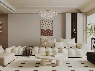 Modern Living Room Interior With White Sofa Round Coffee Table Chandelier And Decorative Painting 3d model